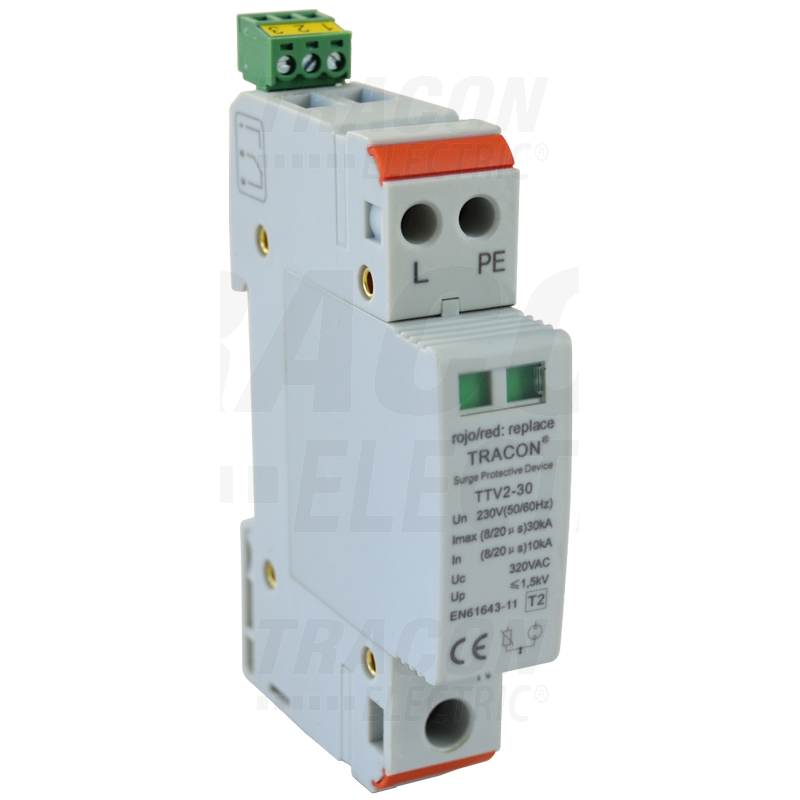 SCARICATORE SOVRATENSIONE  T2 30KA 1P+N 1mod din   TTV2-30-1P+N/PE  Imax 30KA  TRACON