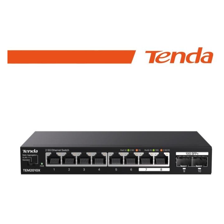 Tenda Switch con 8 porte LAN 2.5 Gbps e 2 porte 10 Gbps SFP+ - TEM2010X