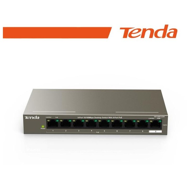 Tenda Switch 9 porte 10/100 8 porte PoE 63W - TEF1109P-8-63W