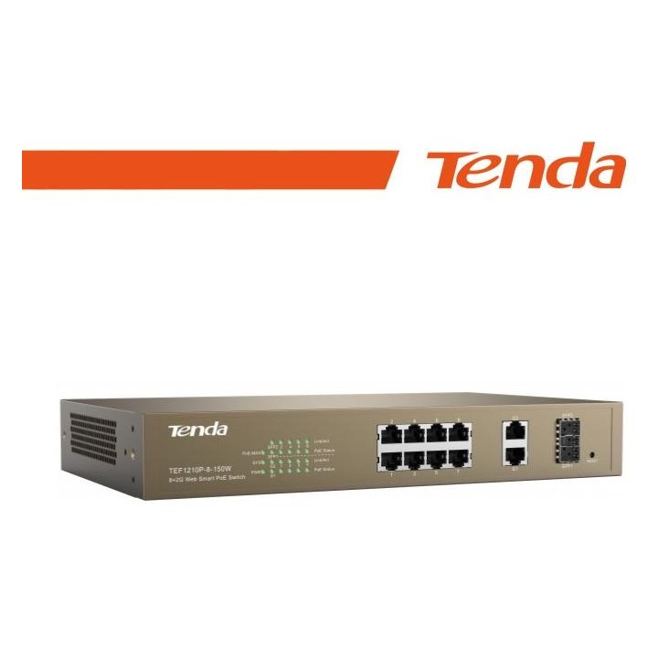 Tenda Switch PoE Desktop Smart 8 Porte 10/100Mb+2Gb+2SFP - TEF1210P-8-150W