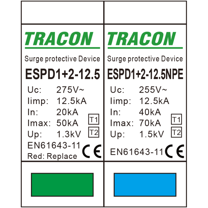 SCARICATORE SOVRATENSIONE T1+T2  20KA  2P   2 moduli din ESPD1+2-12.5-1+1P  Imax 50KA TRACON