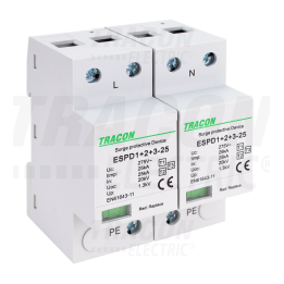Scaricatore di sovratensione AC T1 + T2 + T3 integrato, 25KA  4 moduli din tracon esp1+2+3-25-2p