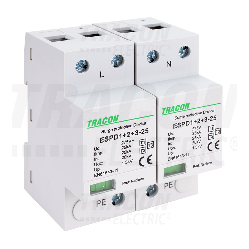 Scaricatore sovratensione AC T1 + T2 + T3 , 25KA  4 mod din tracon esp1+2+3-25-2p  TN