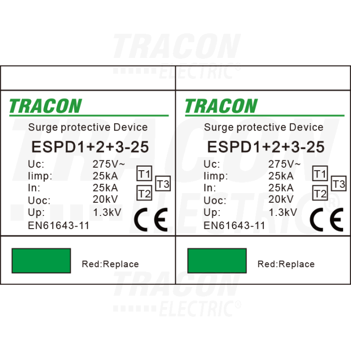 Scaricatore di sovratensione AC T1 + T2 + T3 integrato, 25KA  4 moduli din tracon esp1+2+3-25-2p