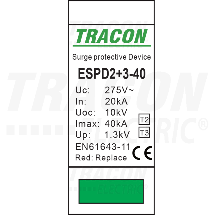 Scaricatore sovratensione AC  20KA tipo T2 + T3  2 poli 1mod. din tracon ESPD2+3-40-2P