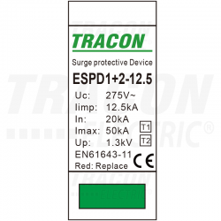 SCARICATORE  TN  SOVRATENSIONE  T1+T2  20KA  1P   1 moduli din ESPD1+2-12.5-1P  Imax 50KA TRACON